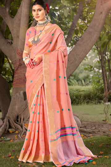 Peach Cotton Woven Saree