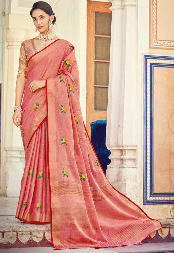 Peach Embellished Linen Party Wear Saree