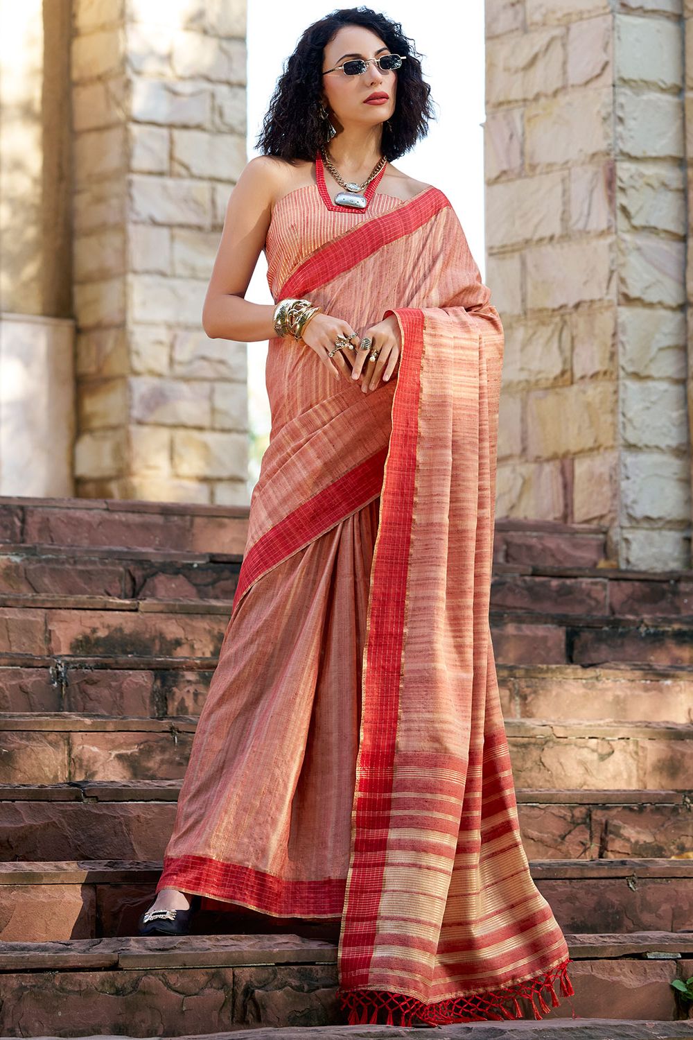 Peach Pure Handloom Katan Saree with Woven Pallu