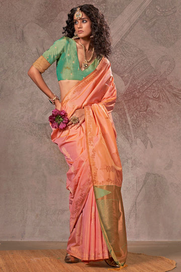 Peach Handloom Weaving Silk Saree