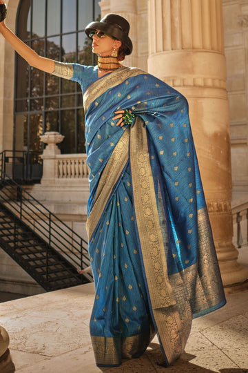 Peacock Blue Handloom Spun Silk Woven Saree for Party