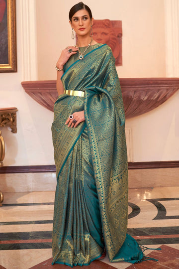 Peacock Blue Weaving Handloom Silk Saree Party Wear Saree