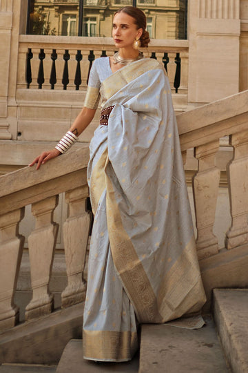 Pearl Grey Handloom Spun Silk Woven Saree for Party