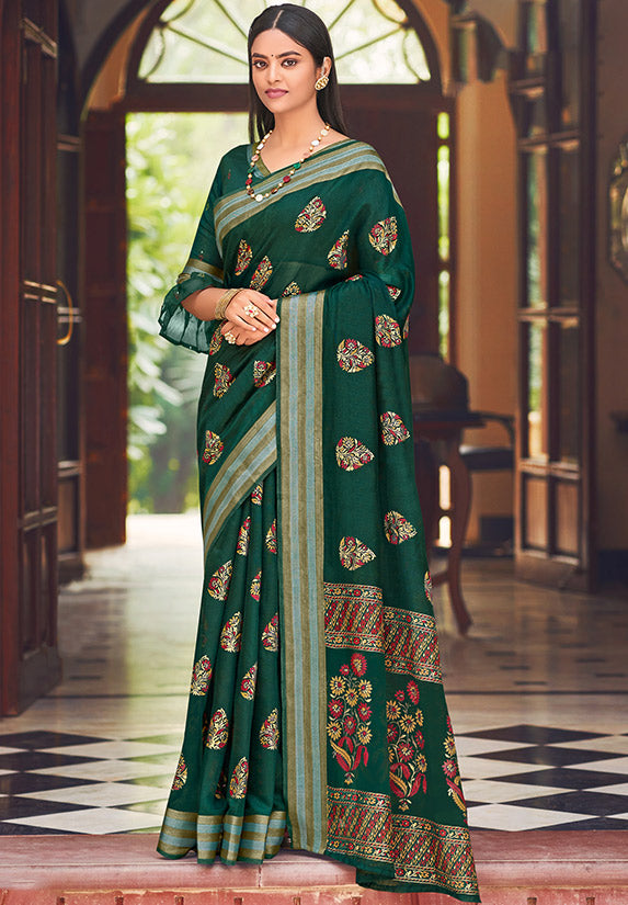 Pine Green Chanderi Printed Saree for Festival