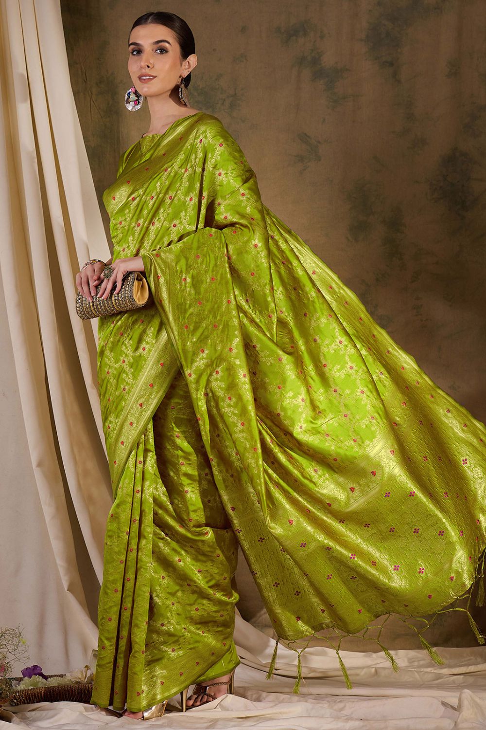 Pista Green Banarasi Silk Woven Saree for Festival