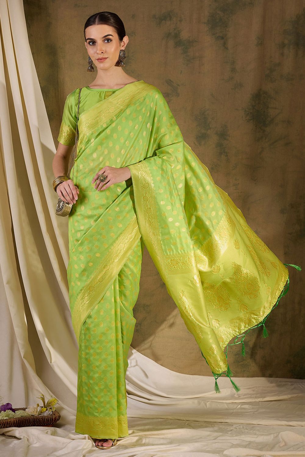 Pista Green Banarasi Silk Woven Saree for Festival