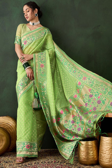 Pista Green Cotton Woven Party Wear Saree
