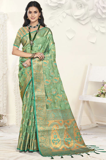 Pista Green Organza Party Wear Saree