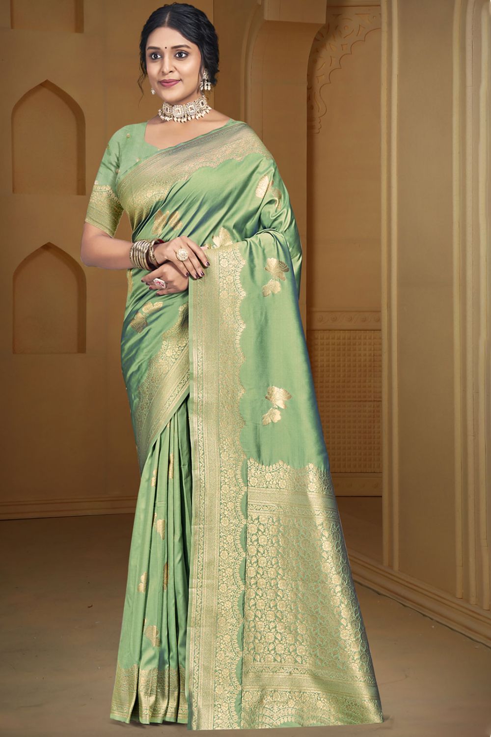 Pista Green Silk Woven Work Saree