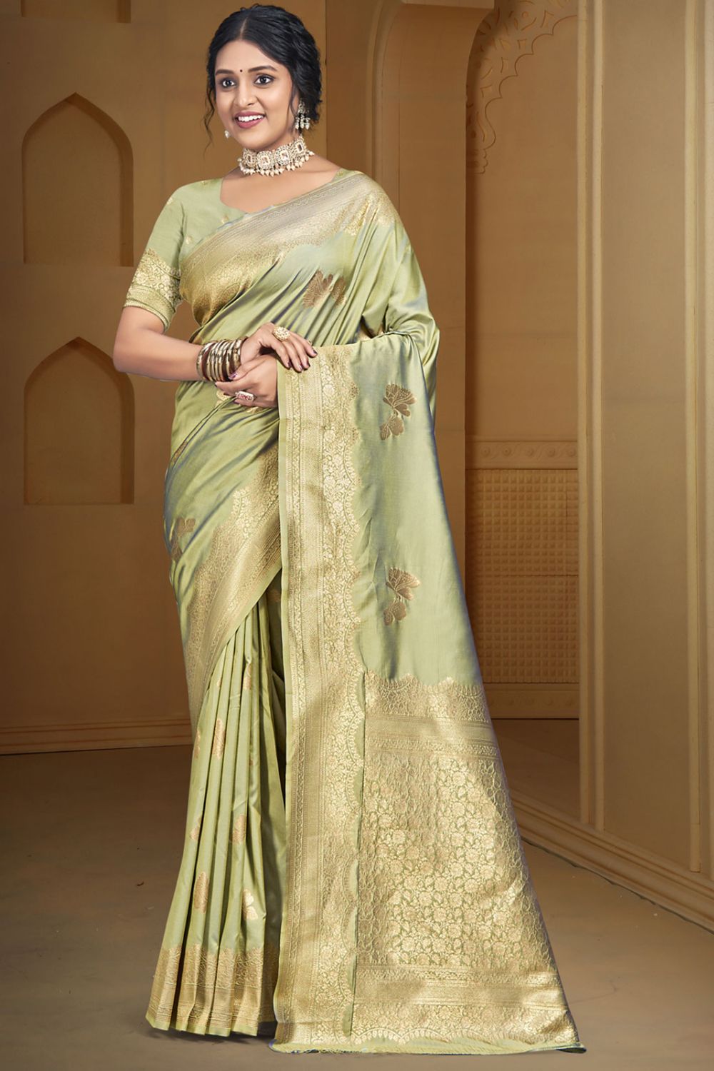 Pista Green Silk Woven Work Saree