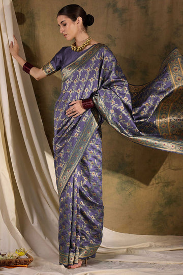 Purple Banarasi Silk Woven Saree for Festival