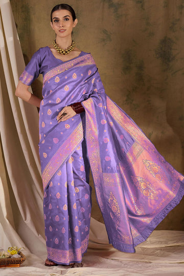 Purple Banarasi Silk Woven Saree for Festival