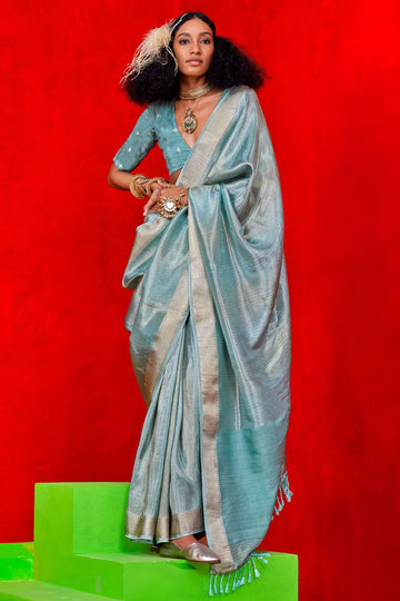 Sky Blue Zari Woven Viscose Tissue Saree