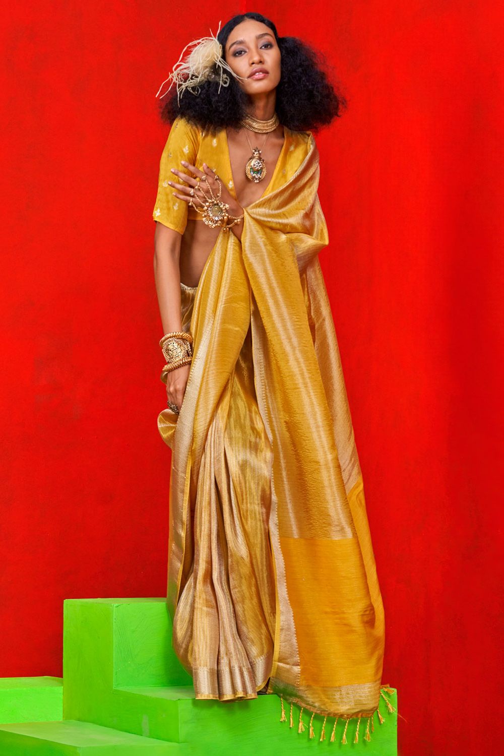 Golden Yellow Zari Woven Viscose Tissue Saree