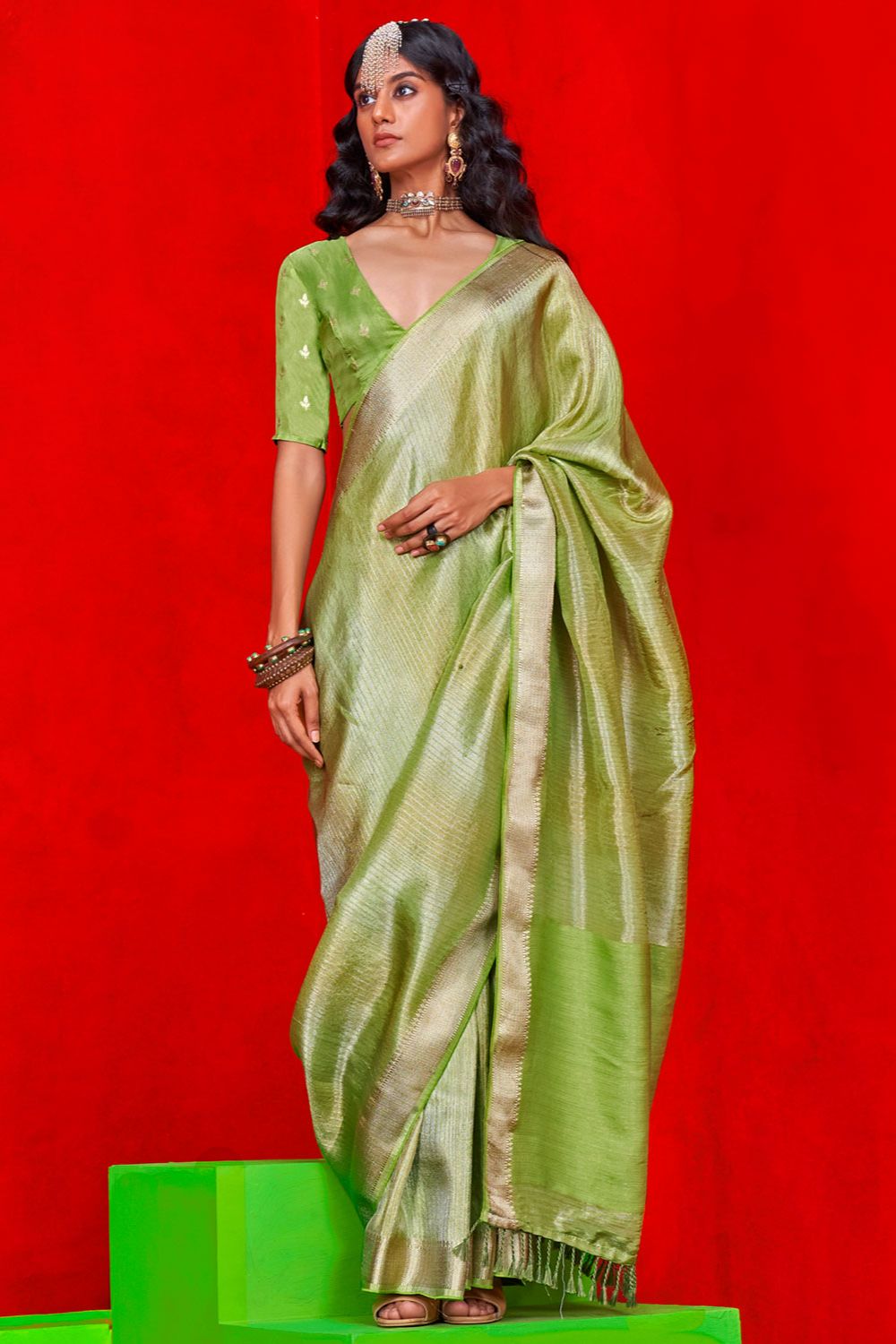 Parrot Green Zari Woven Viscose Tissue Saree