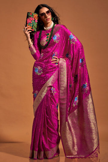 Rani Pink Handloom Weaving Satin Silk Designer Saree
