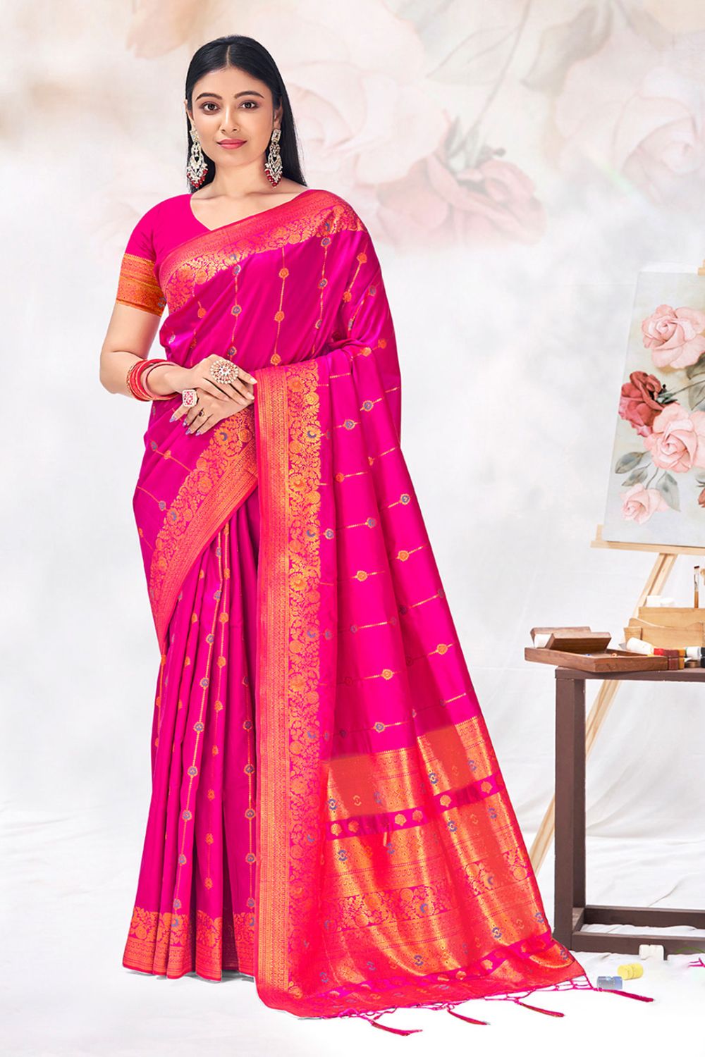 Rani Pink Silk Zari Woven Saree