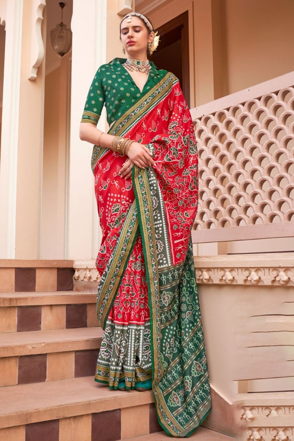 Red Silk Printed Party Wear Saree