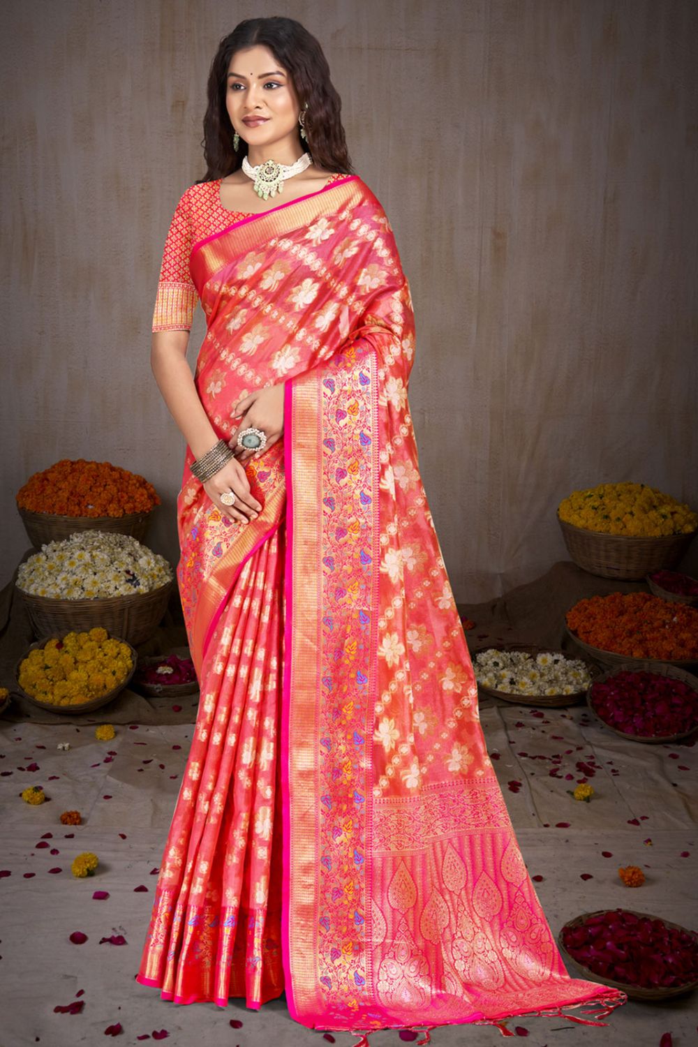 Red Silk Woven Work Saree