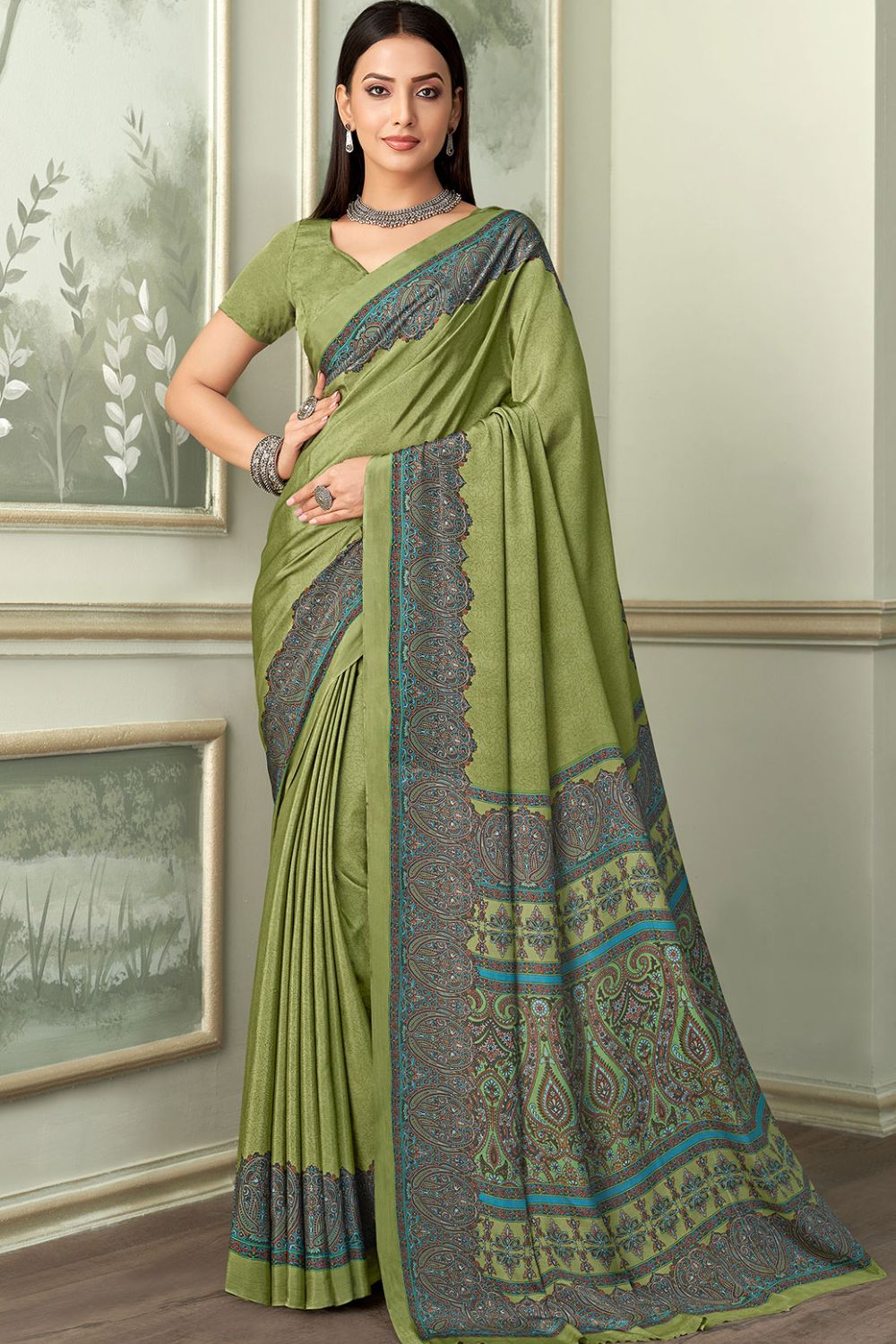 Sage Green Silk Crepe Saree with Digital Print