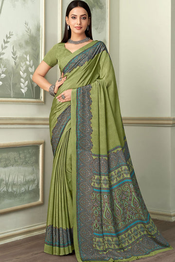 Sage Green Silk Crepe Saree with Digital Print