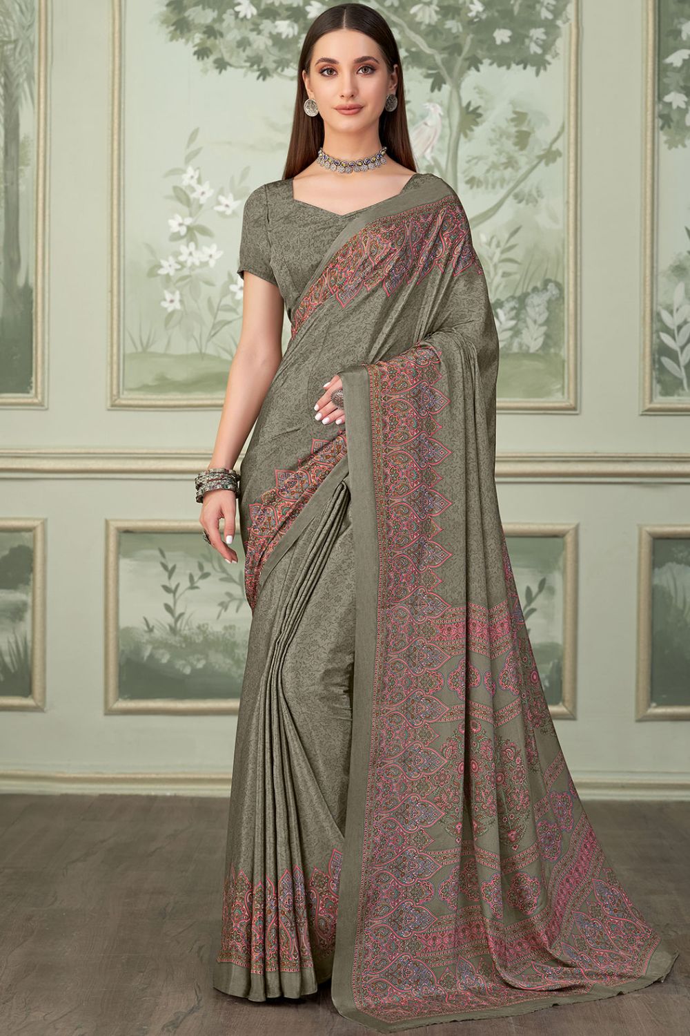Sage Grey Silk Crepe Saree with Digital Print