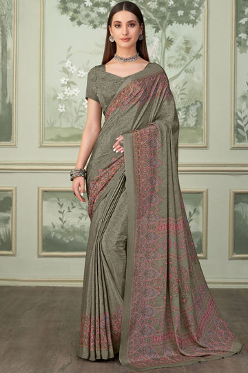 Sage Grey Silk Crepe Saree with Digital Print