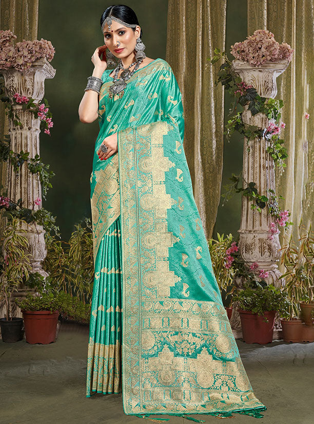 Sea Green Banarasi Silk Woven Saree for Festival