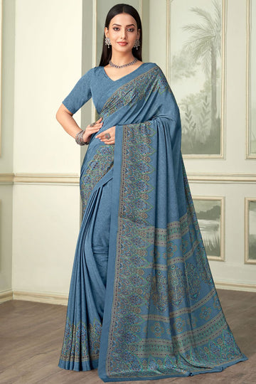 Slate Blue Silk Crepe Saree with Digital Print