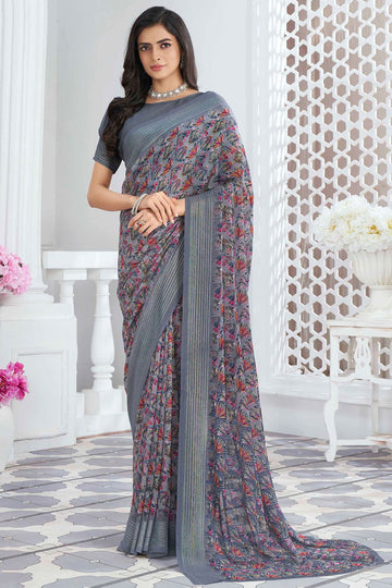 Slate Grey Georgette Saree with Digital Print