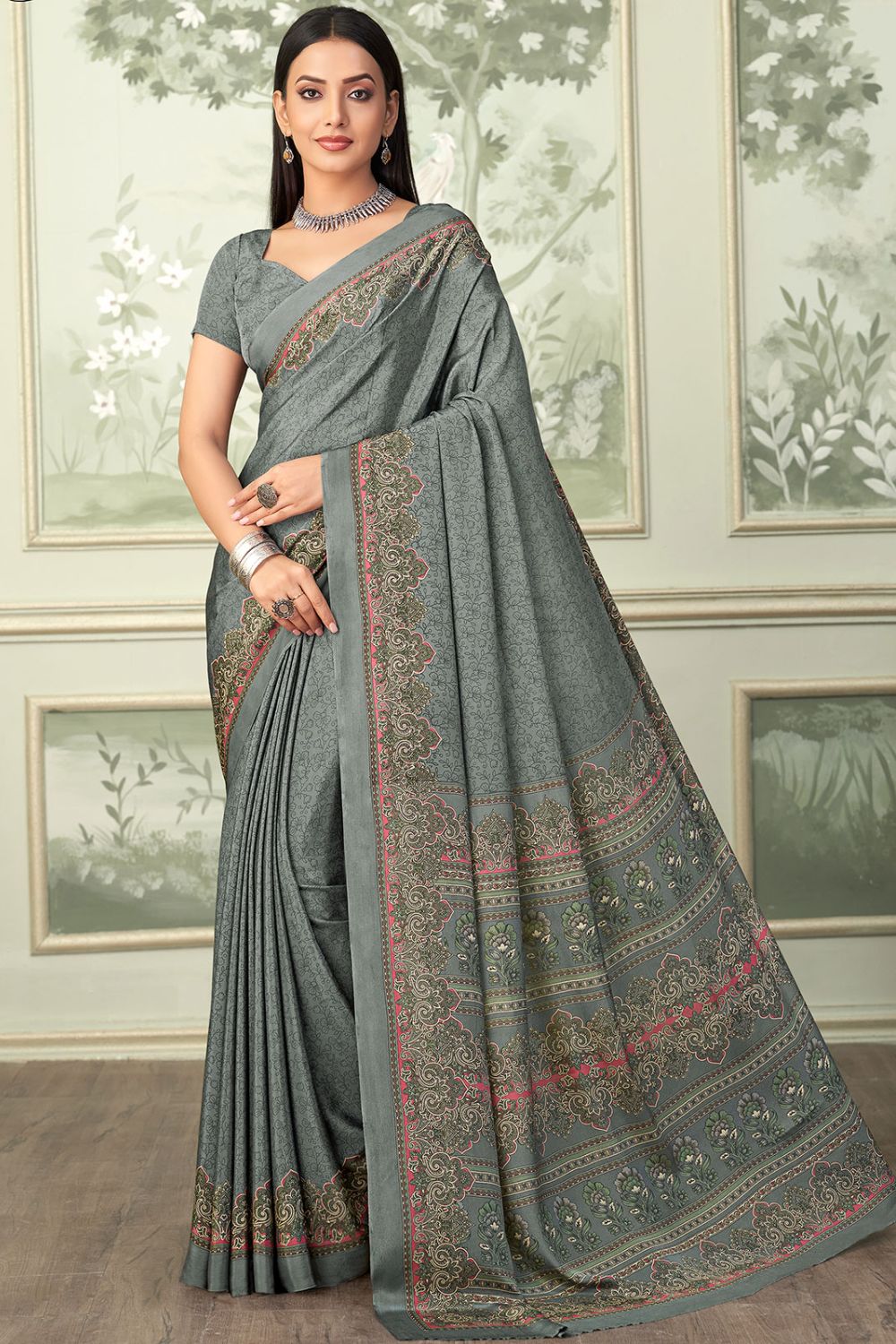 Slate Grey Silk Crepe Saree with Digital Print
