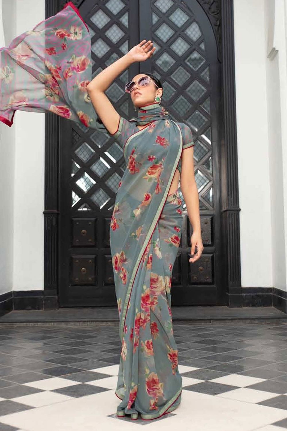 Smoke Grey Printed Georgette Casual Wear Saree