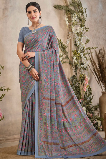 Steel Grey Digital Print Silk Crepe Saree for Party