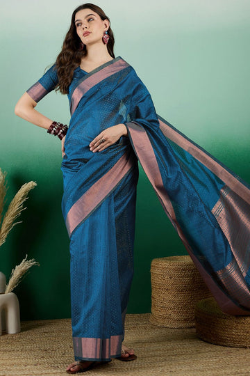 Teal Blue Organza Woven Party Wear Saree
