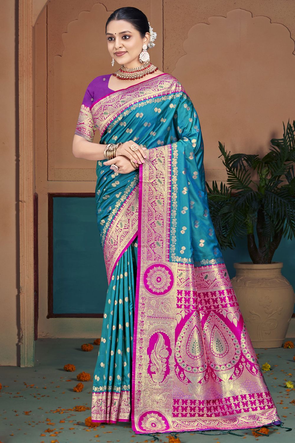 Teal Blue Silk Woven Work Saree