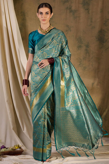 Teal Green Banarasi Silk Woven Saree for Festival
