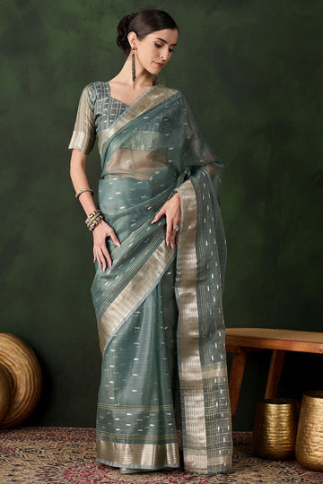Teal Green Organza Saree for Party