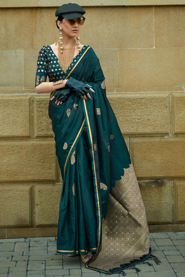 Teal Green Pure Handloom Weaving Satin Silk Party Wear Saree