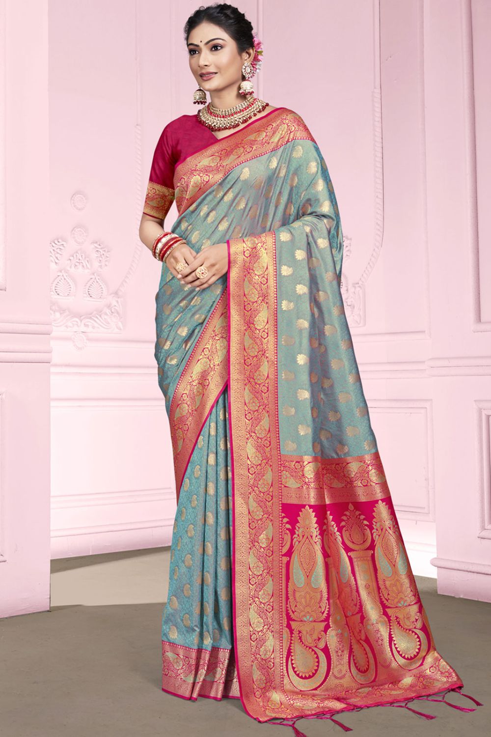 Teal Grey Silk Woven Work Saree