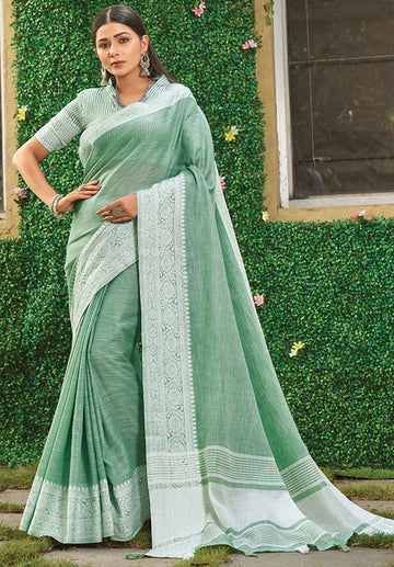 Teal Mint Chikankari Printed Linen Saree for Party