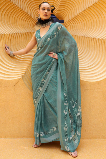 Teal Mint Georgette Printed Saree