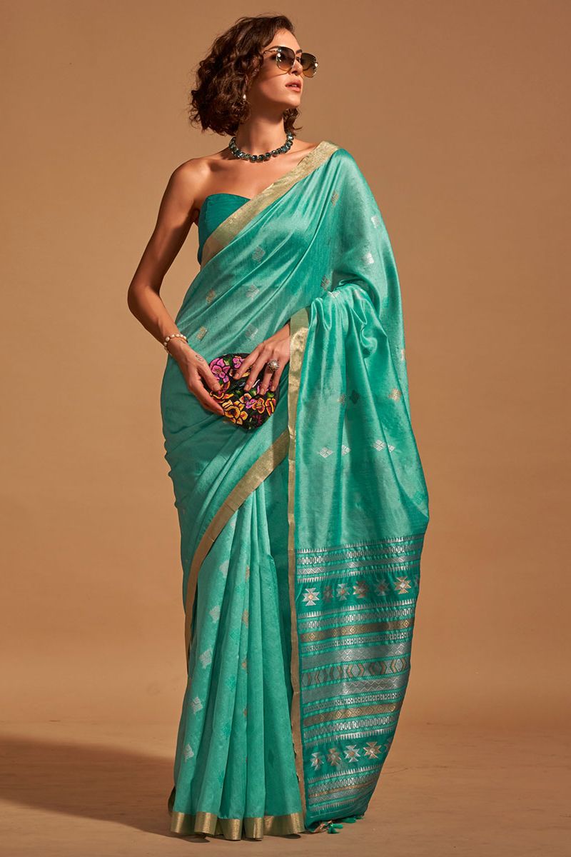 Turquoise Handloom Weaving Silk Saree for Party