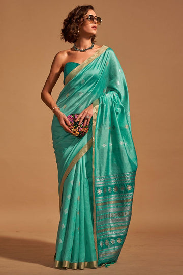 Turquoise Handloom Weaving Silk Saree for Party
