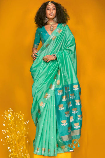 Turquoise Woven Handloom Tussar Silk Saree