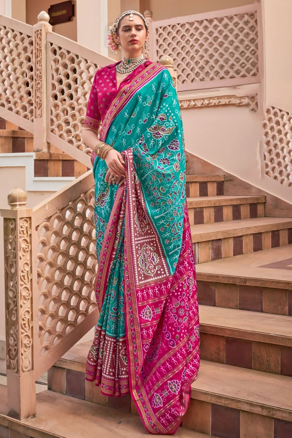 Turquoise Silk Printed Party Wear Saree