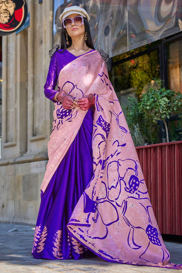 Violet and Rose Pink Digital Print Satin Crepe Saree for Party