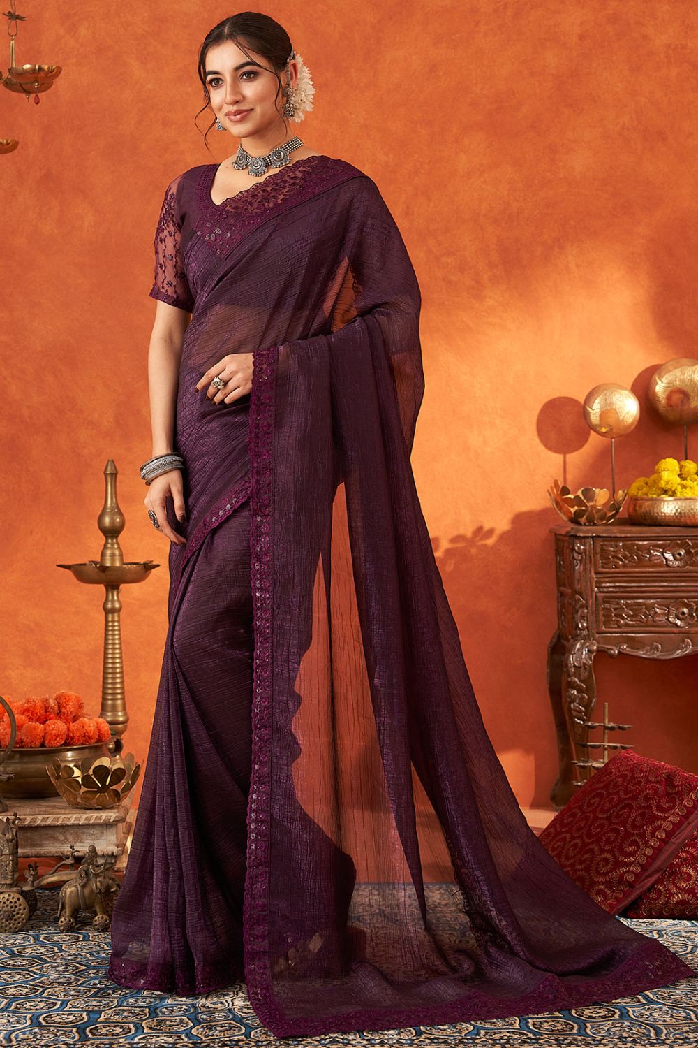 Wine Designer Chiffon Silk Saree